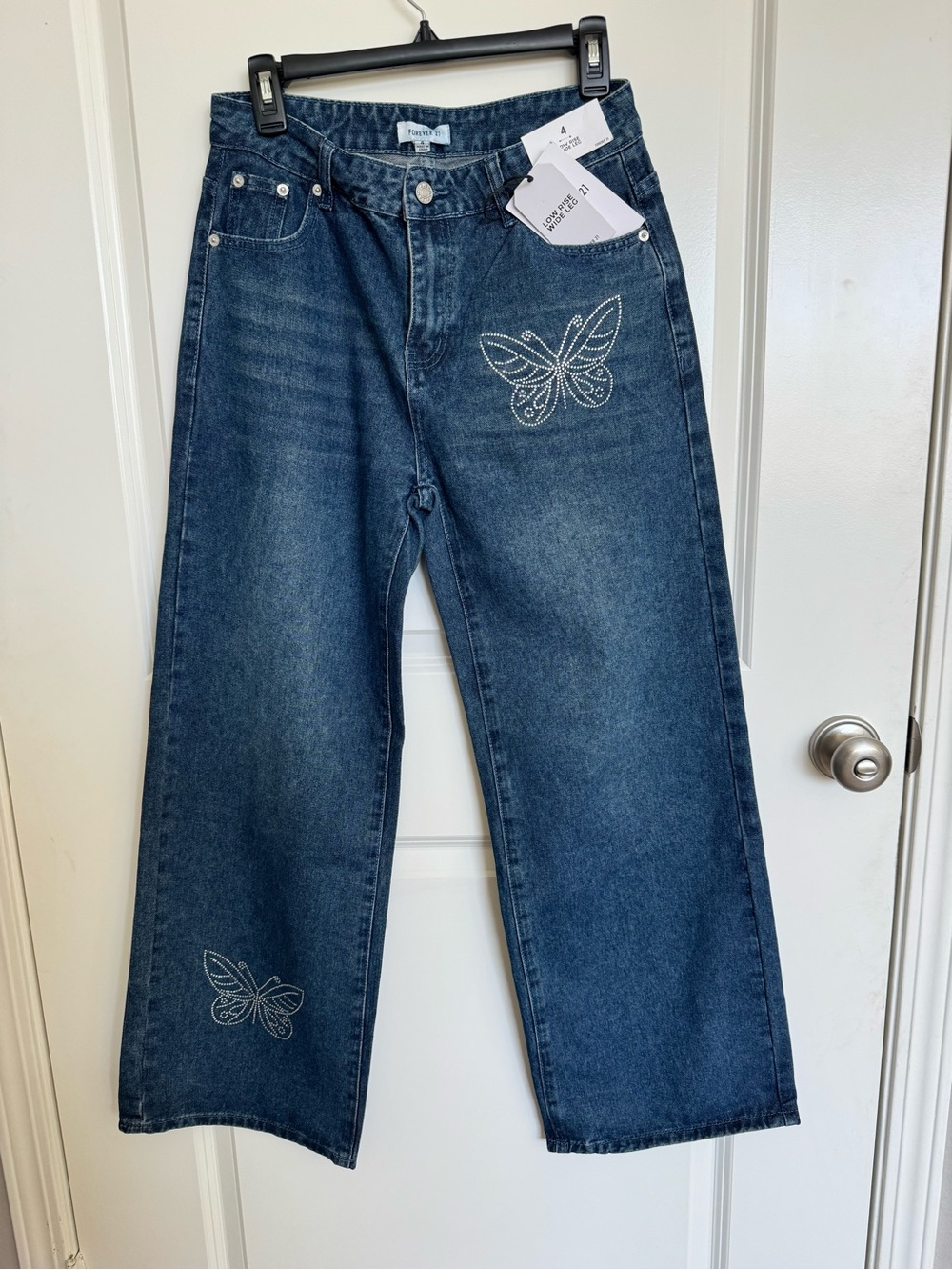 Forever 21 Dark Blue Wide-Leg Jeans with Butterfly Embroidery